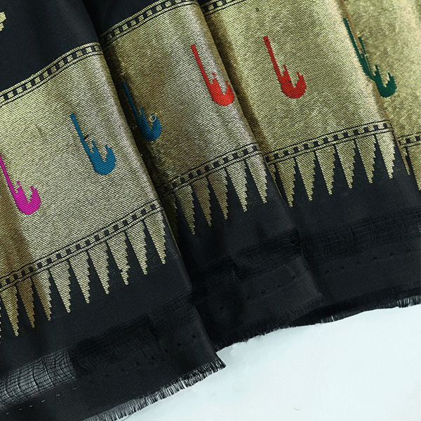 Full length drape view of the golden beige Tussar silk saree, highlighting its elegant fall and traditional Banaras craftsmanship.
