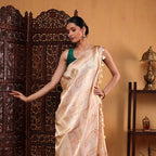 Detailed view of the handwoven full jaal unstitched blouse material with an elegant Meenakari border, matching the beige tissue silk saree.