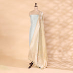 Detailed view of the premium golden sunlit dupatta featuring exquisite handloom weaving and traditional artistic motifs, paired with the sky blue suit.