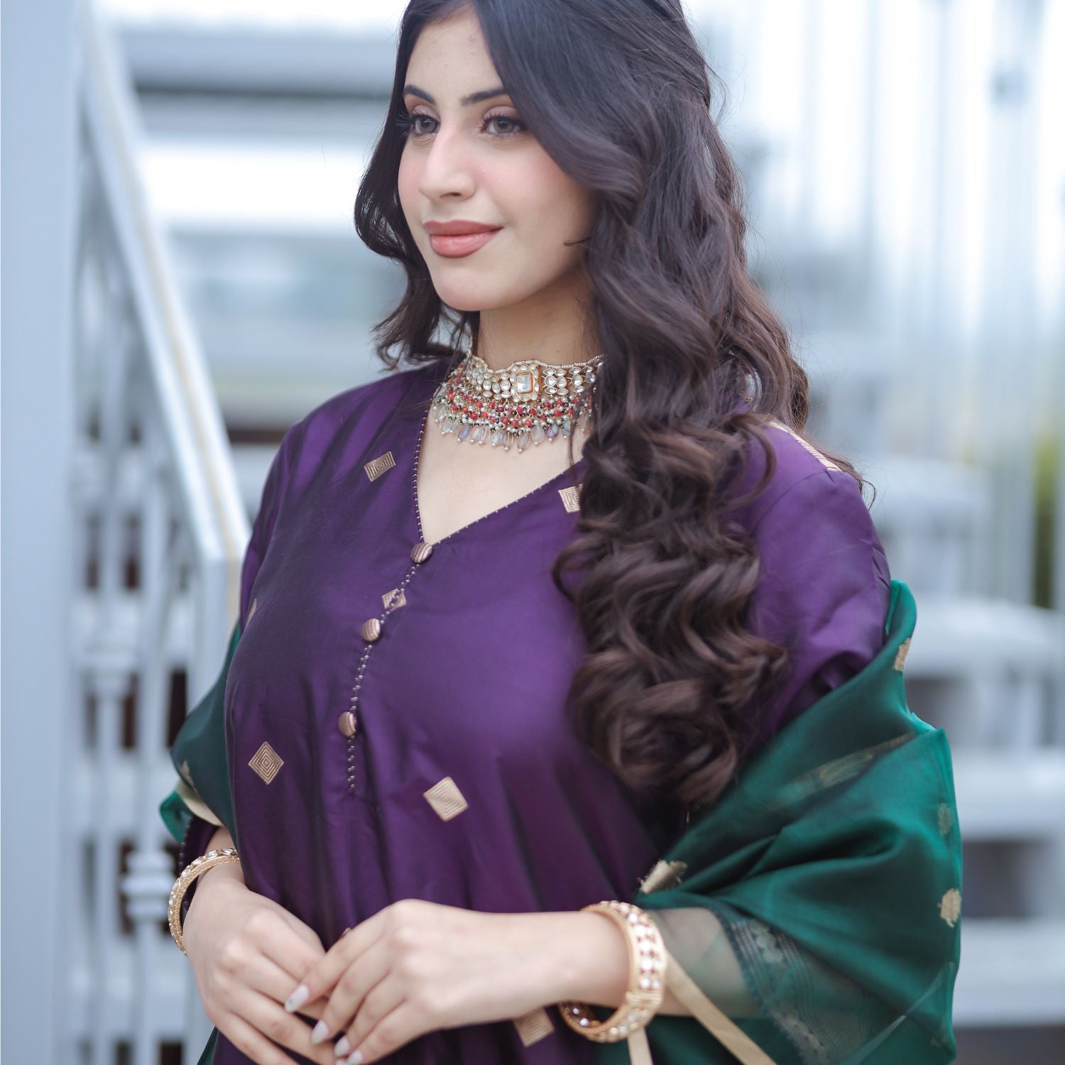 Banarasi silk suit with green kora dupatta for stylish ethnic look