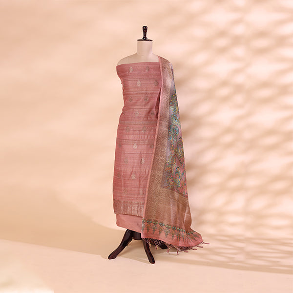Detailed shot of the intricate, multicolored hand-painted Kalamkari floral pattern on the kaleidoscope silk dupatta.
