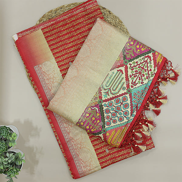Detailed close-up of the premium Crimson Splendor handwoven Banarasi silk fabric showcasing the authentic luxury weave texture.