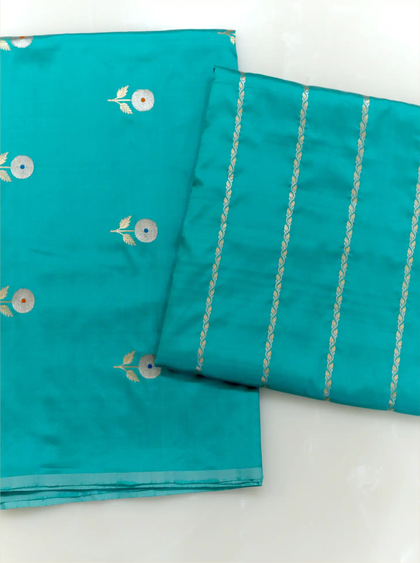 Close-up view of sea green handwoven Banarasi silk dupatta displaying gold zari striped patterns and grand woven border