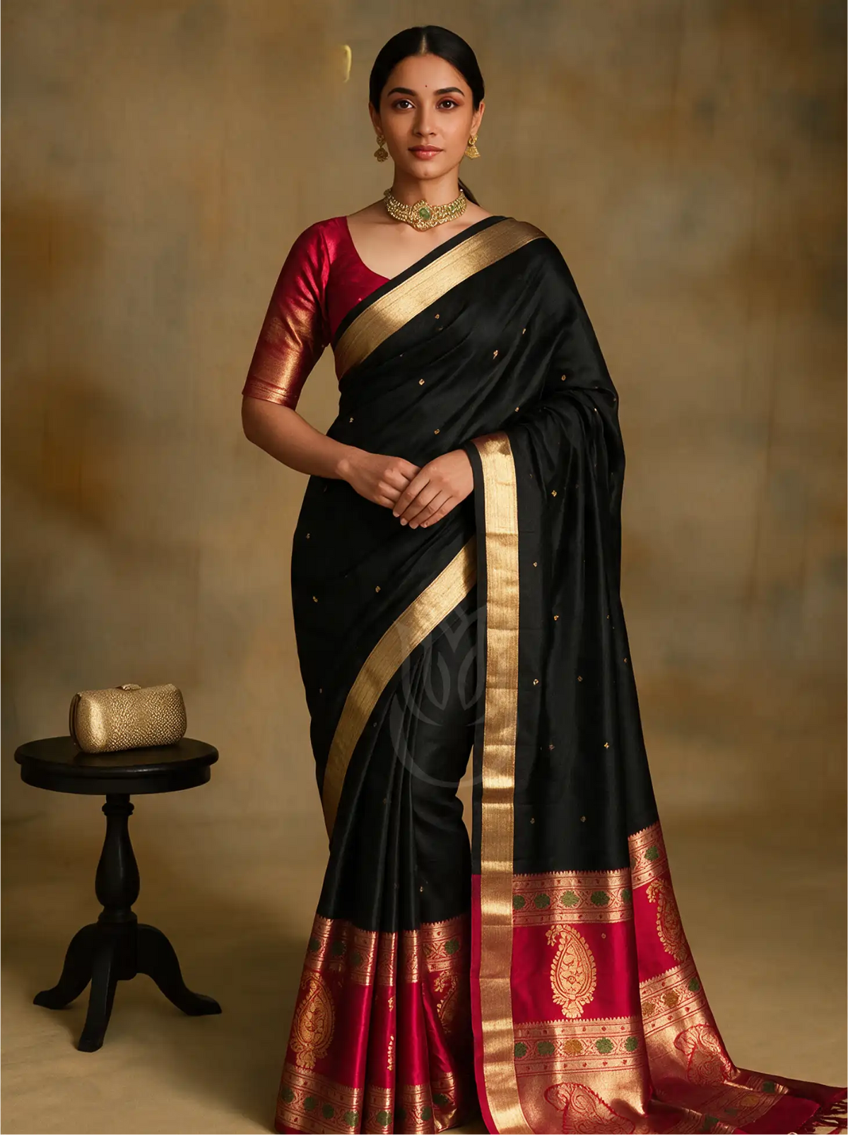 Model wearing a handwoven jet black pure Paithani silk saree styled with a red silk elbow-sleeve blouse. The saree features delicate gold zari buttis across the body, a golden border, and an ornate crimson red pallu woven with traditional peacock and gold zari motifs.
