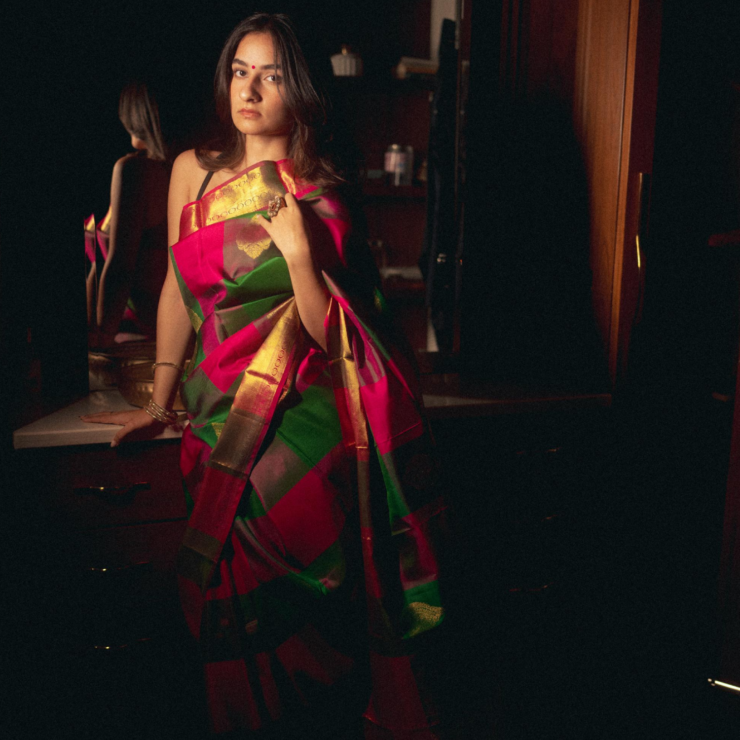 Handwoven Kanjivaram silk saree multi colour with geometric pattern and zari border