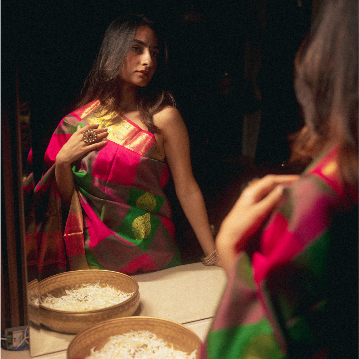 Handwoven Kanjivaram silk saree multi colour with geometric pattern and zari border