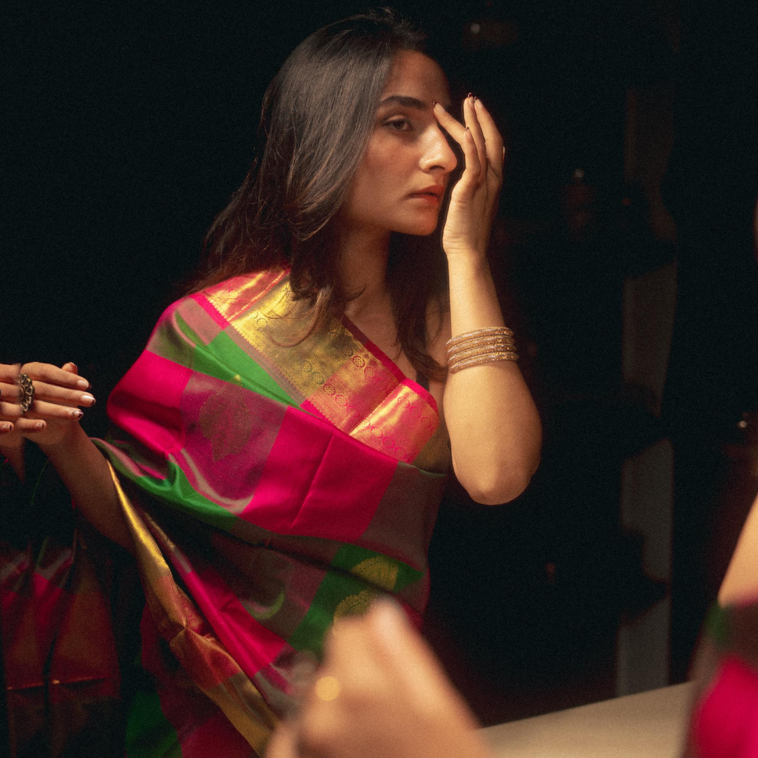 Handwoven Kanjivaram silk saree multi colour with geometric pattern and zari border