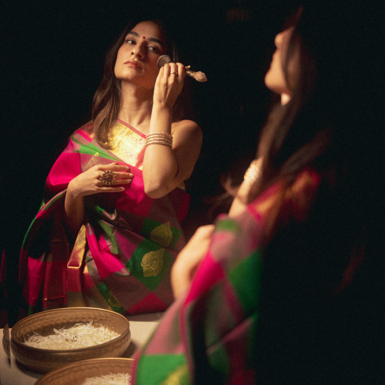 Handwoven Kanjivaram silk saree multi colour with geometric pattern and zari border