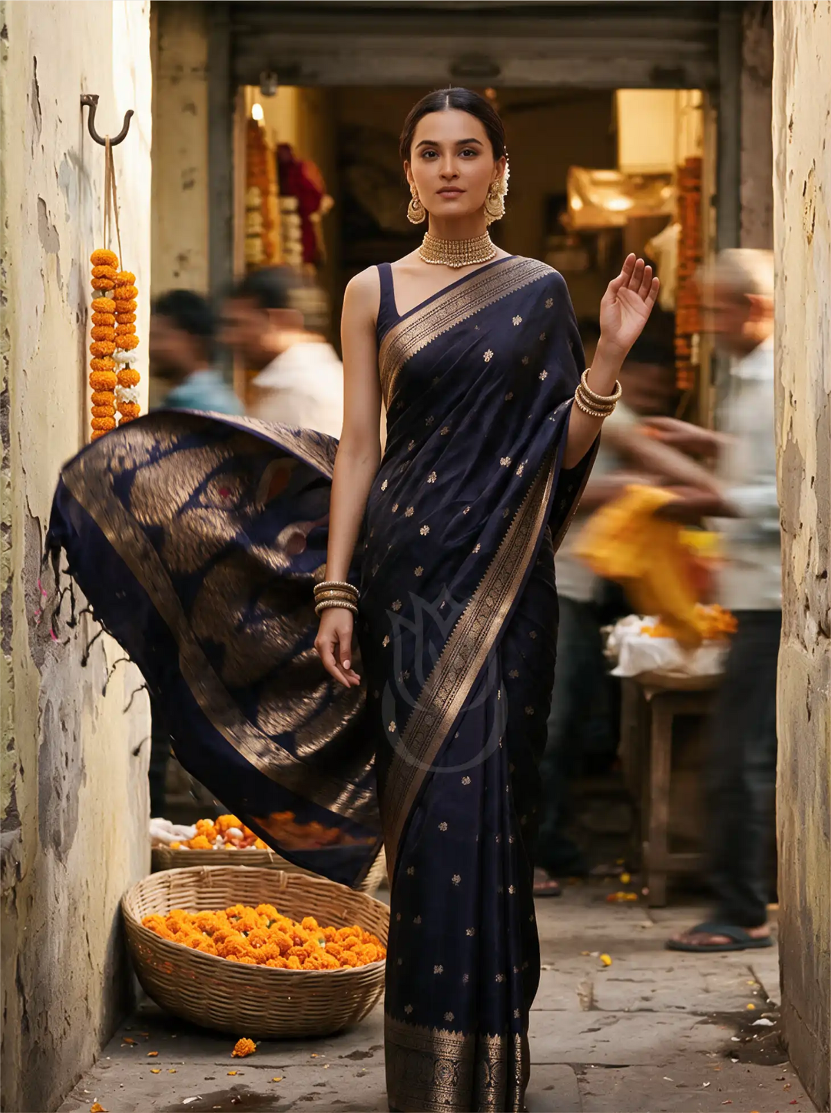 Model wearing a royal aubergine Kanjivaram Mysore silk saree featuring delicate gold zari bootis and a traditional woven zari pallu, paired with a dark sleeveless blouse and traditional gold jewelry.