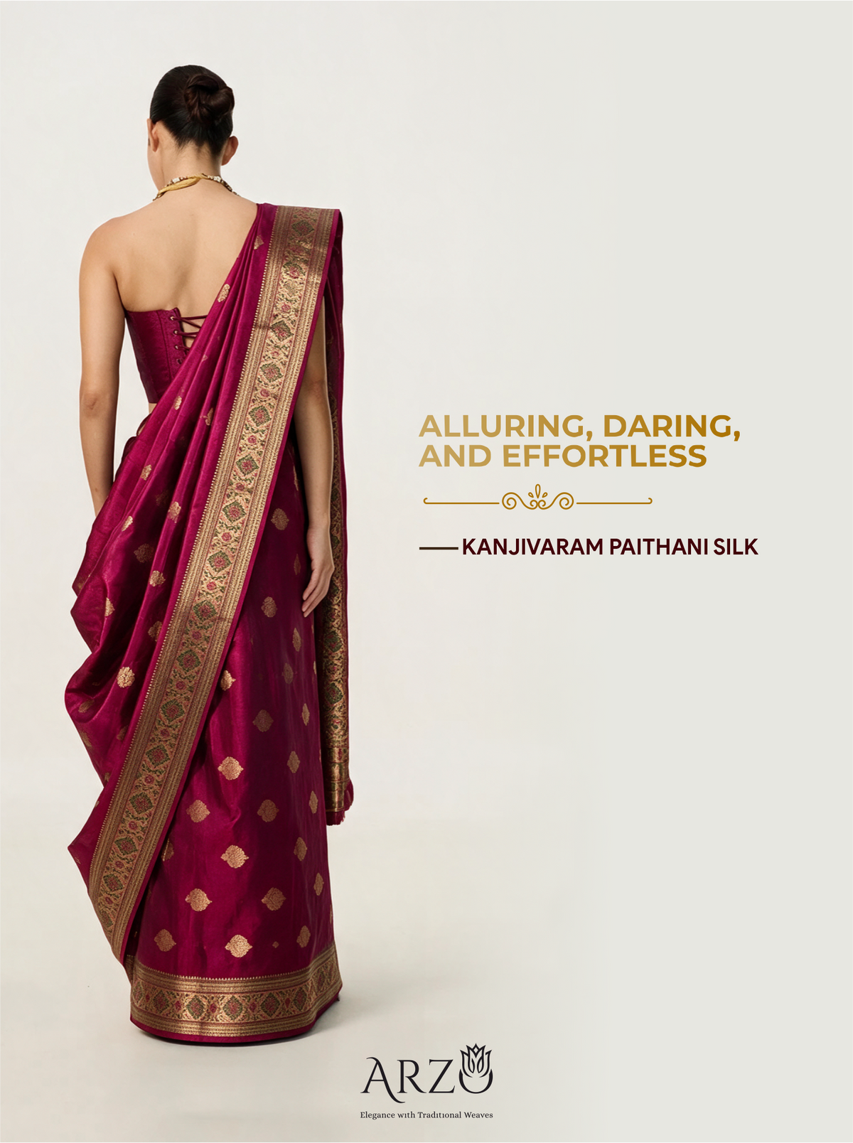 Back view of a model wearing a deep magenta-pink handwoven Kanjivaram Paithani silk saree featuring a wide metallic gold zari border and intricate motifs, styled with a sleeveless blouse and a gold choker necklace. Overlay text on the right reads "ALLURING, DARING, AND EFFORTLESS - KANJIVARAM PAITHANI SILK", with the Arzo brand logo at the bottom.