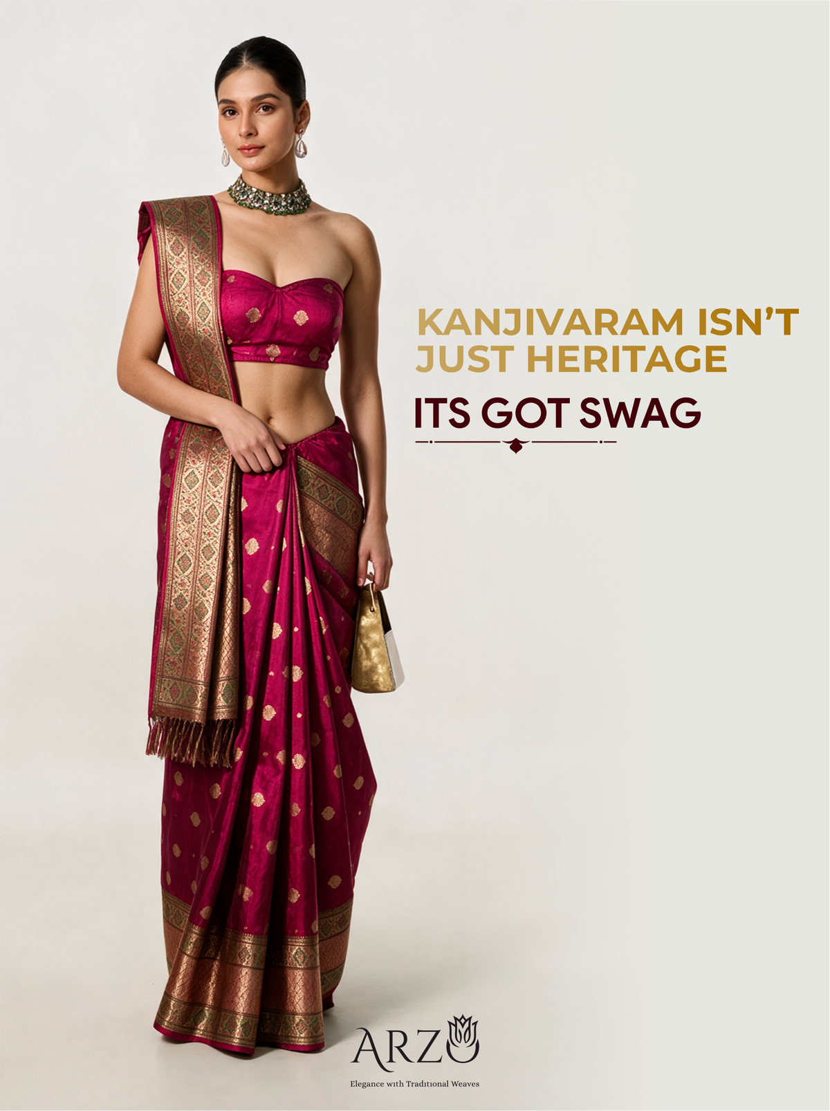 A professional studio portrait of a model wearing a vibrant magenta-pink handwoven Kanjivaram Paithani silk saree featuring a wide metallic gold zari border, styled with a matching sleeveless blouse, a statement choker necklace, and earrings. Overlay text on the right side reads "Kanjivaram Isn't Just Heritage Its Got Swag", with the Arzo logo positioned at the bottom center.