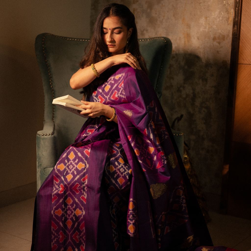 Handwoven Kanjivaram Patola silk saree with golden zari work for wedding and bridal wear