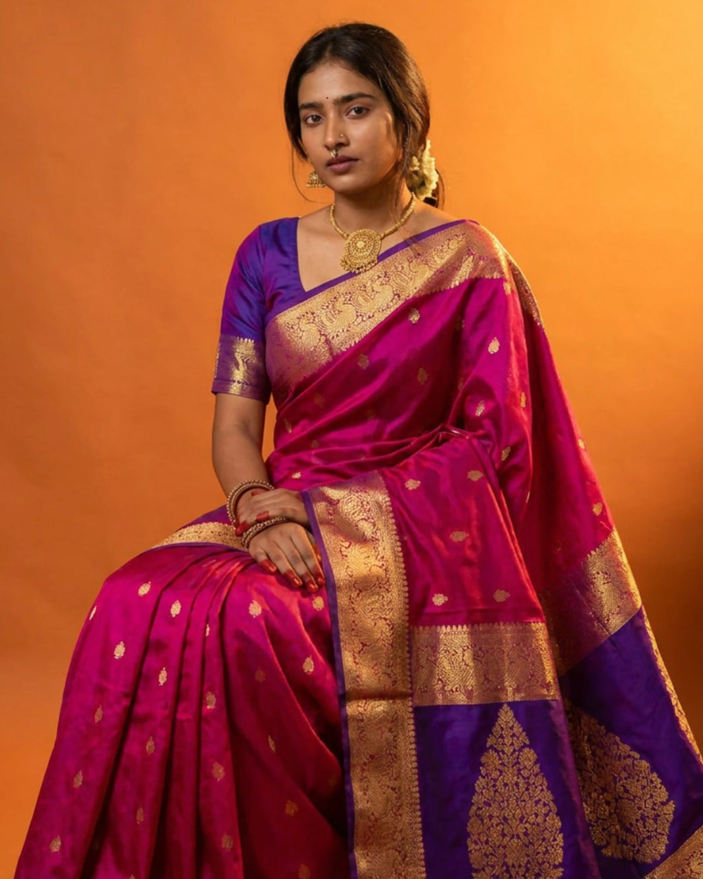Woman wearing a handwoven purple and pink Kanjivaram silk saree with traditional gold zari work.