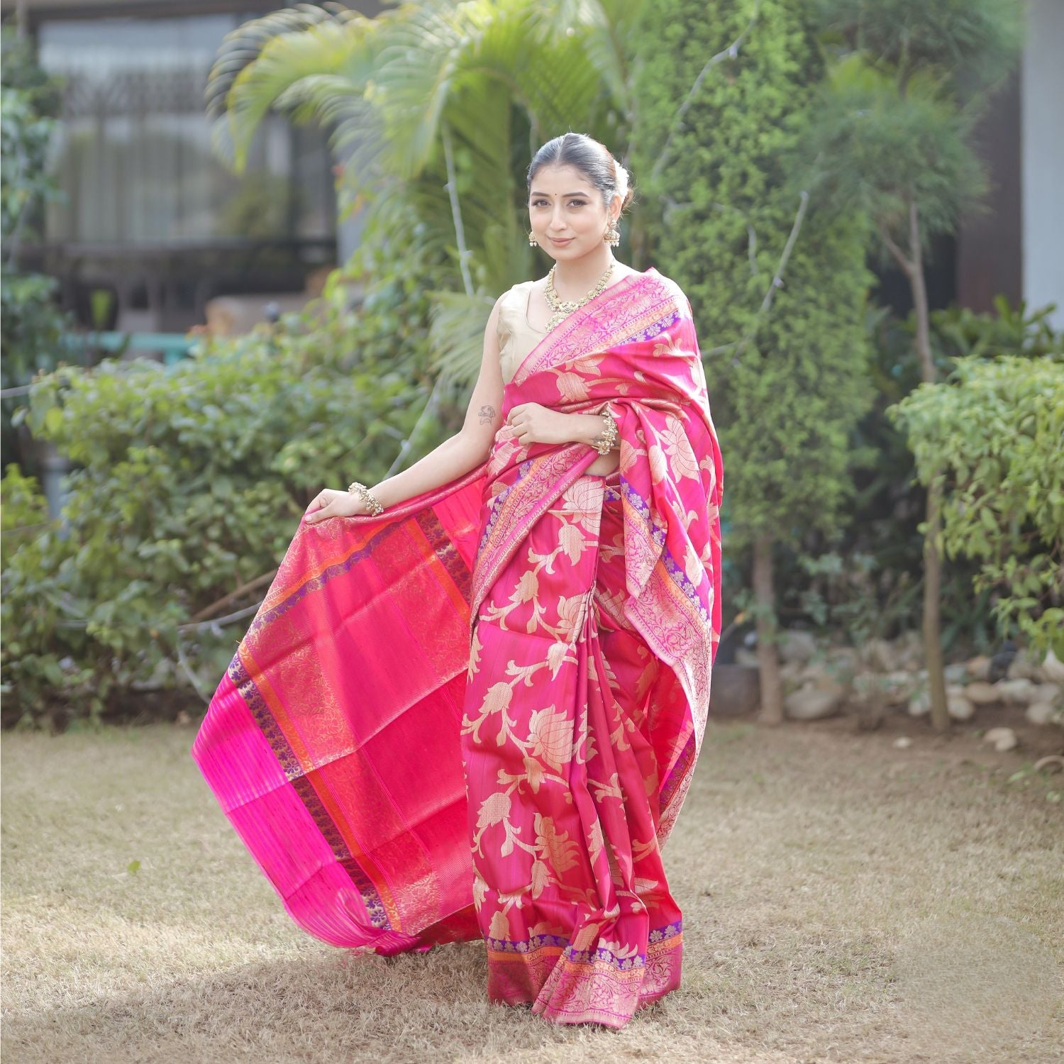 Handwoven katan silk saree with rich jaal weaving and traditional design for wedding wear