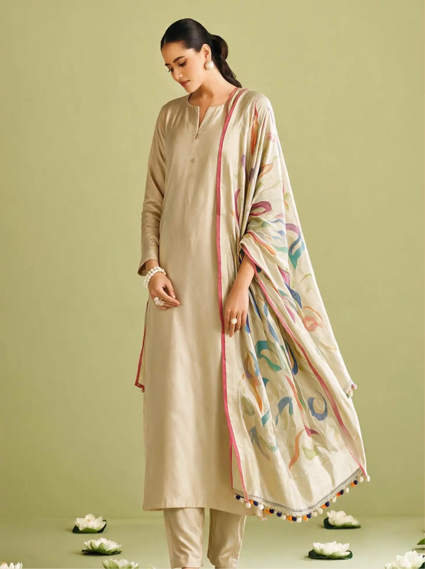 Full-length view of a model wearing a cream handwoven Katan silk suit, styled with a draped cream dupatta featuring vibrant multi-colored woven floral motifs, pink piping, and colorful pom-pom tassels against an olive backdrop