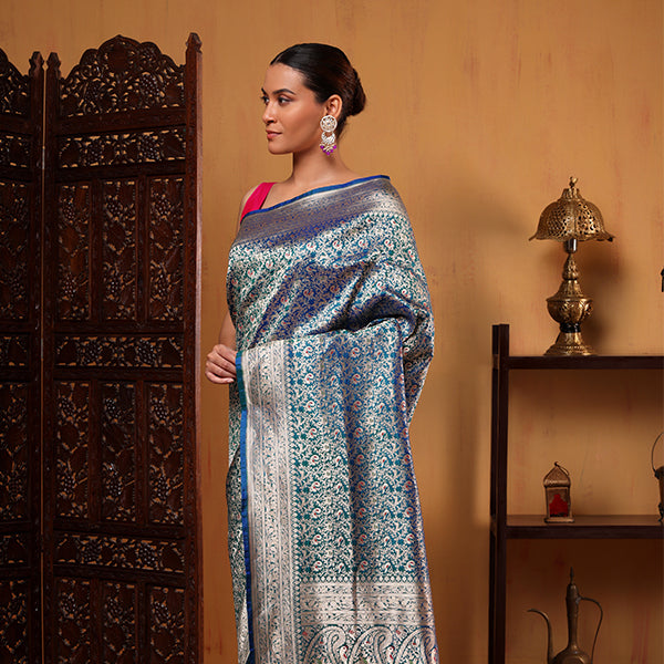 Front drape view of the Blush Shikargah Elegance saree highlighting the detailed handwoven gold zari jaal work on the pleats and lower border.