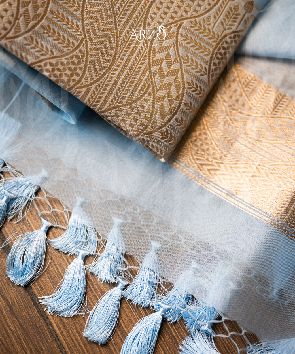 Handwoven Kora silk suit with rich zari weaving, lightweight premium festive wear for weddings and special occasions