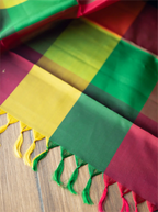 Close-up detail of a handwoven multicolor brocade silk saree pallu showcasing vibrant green, mustard yellow, and magenta red woven blocks with handcrafted yellow and green fringe tassels along the edge on a wooden surface.