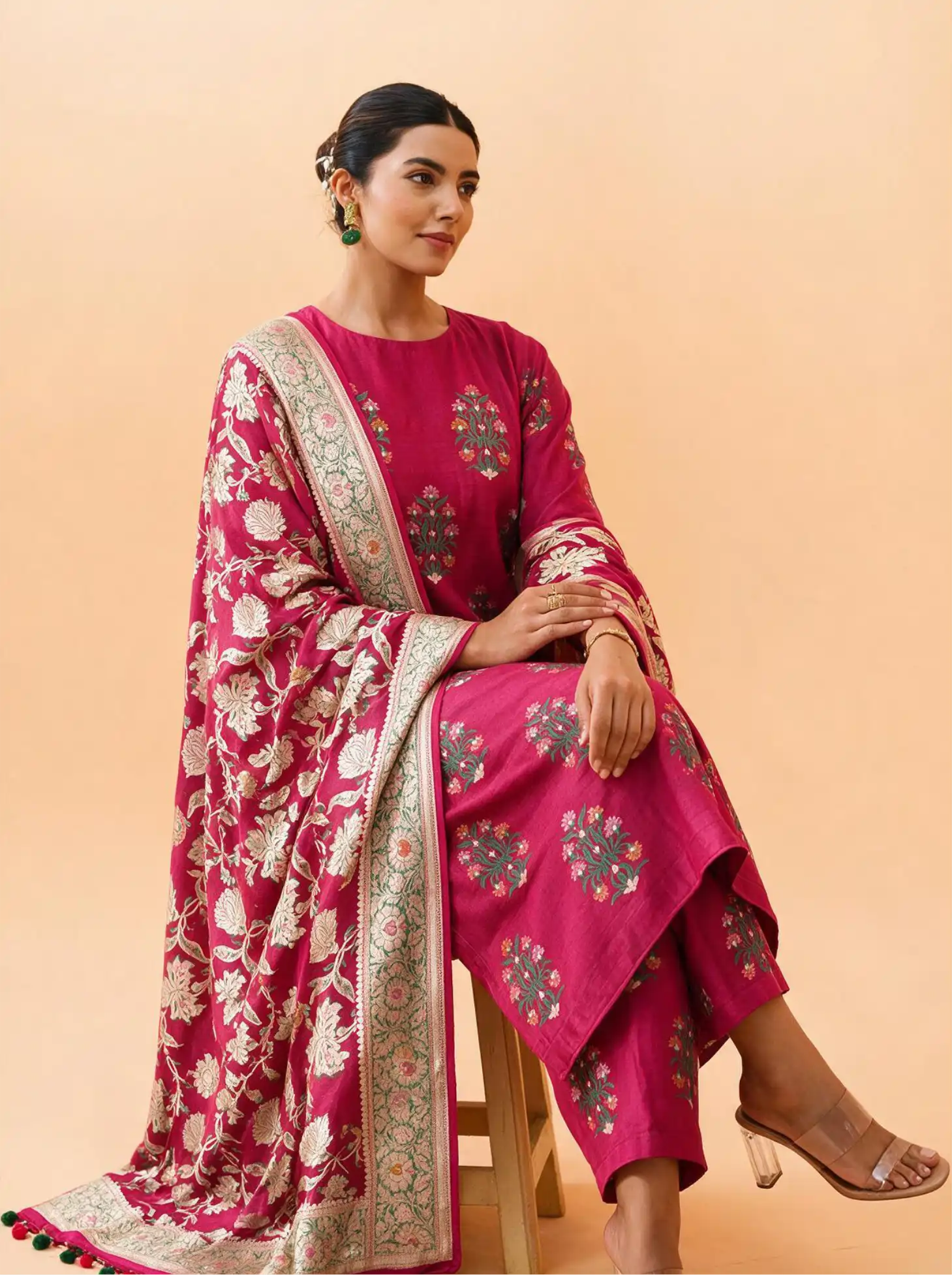 A model seated on a stool wearing a handwoven magenta pink Munga silk suit set with floral bootas and a heavy gold zari woven dupatta against a light beige background.