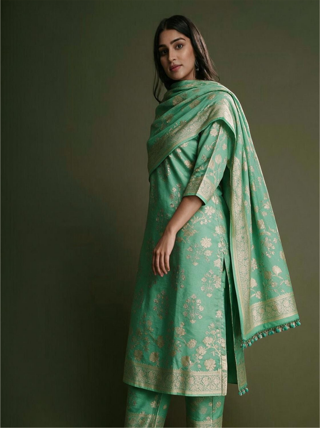 Woman modeling a handwoven seafoam green Munga silk suit featuring silver zari floral bootis, styled with a draped matching Phulkari woven dupatta against a olive green background