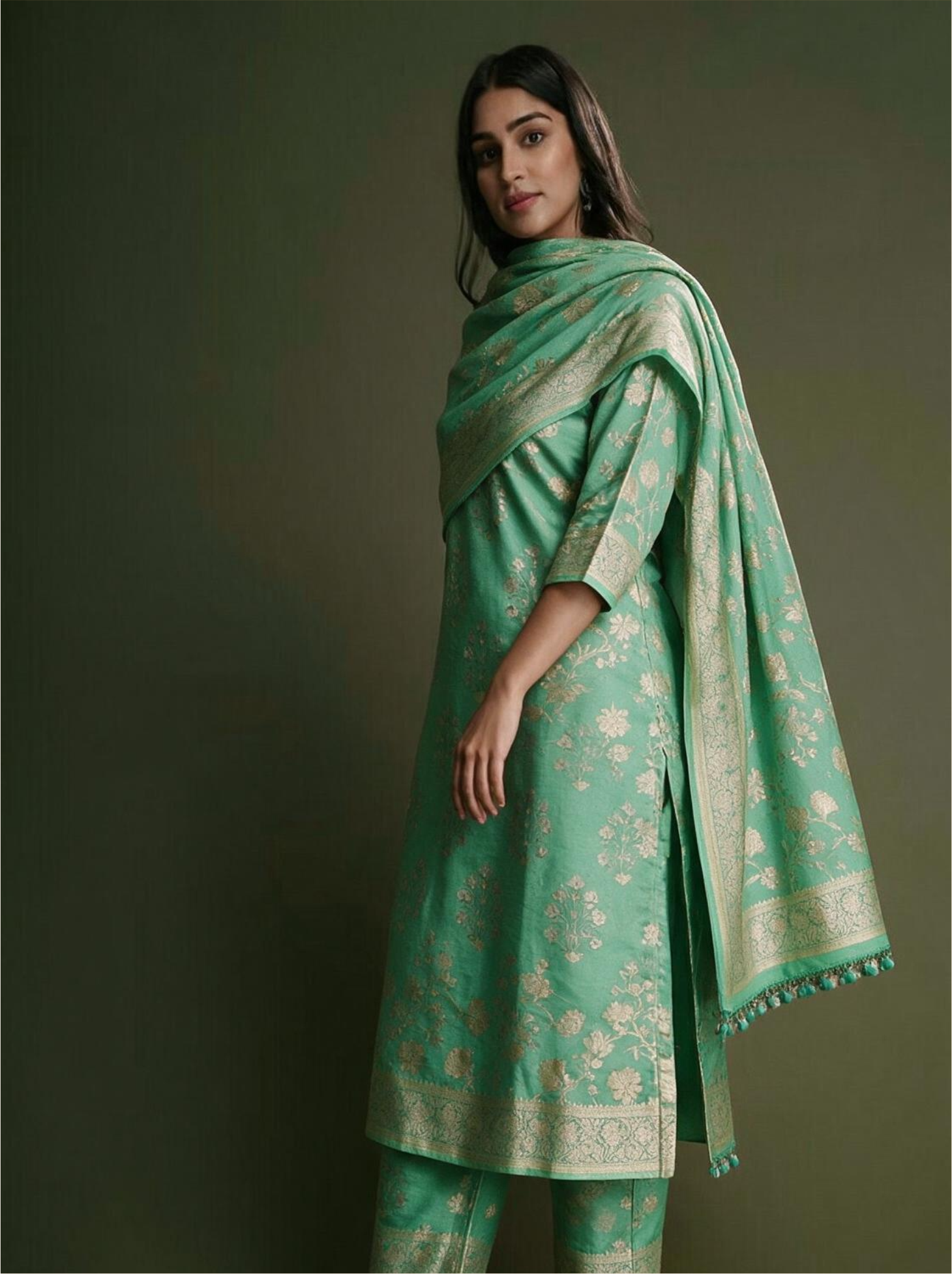 Woman modeling a handwoven seafoam green Munga silk suit featuring silver zari floral bootis, styled with a draped matching Phulkari woven dupatta against a olive green background