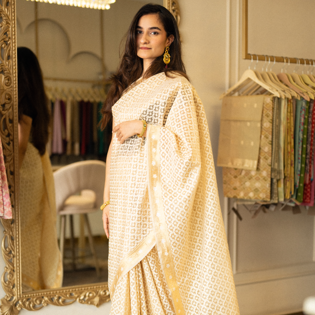 Handwoven organza Kora silk saree with heavy resham jaal and zari pallu for wedding and bridal wear