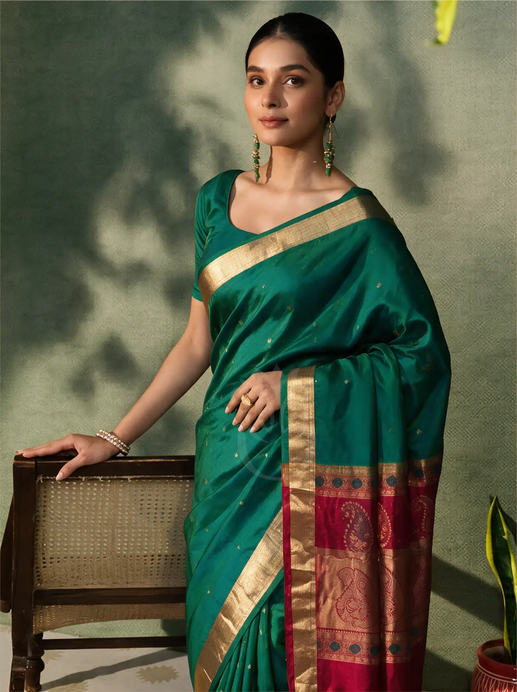 Model posing in a handwoven peacock teal green Paithani silk saree featuring small woven gold motifs on the body, paired with a broad crimson red border adorned with intricate gold zari weaving. She wears a matching scoop-neck teal green blouse with gold border sleeves, green drop earrings, and resting her hand on a wooden cane chair.