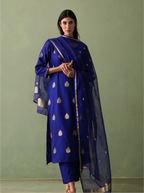 Woman modeling a royal blue handwoven silk suit set with gold zari bootis, styled with a draped matching sheer dupatta against a neutral olive background