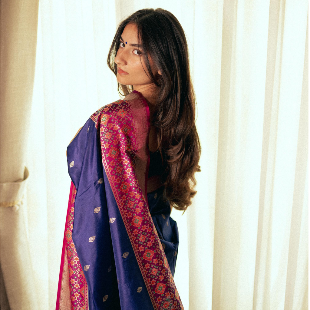 Handwoven Banarasi Silk Patola Pallu And Heavy Border Contrast Fuchsia Blouse