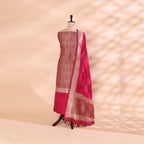 Full length view of the unstitched luxury Khin Khwab silk suit set, showcasing the imperial plum kurta fabric alongside the vibrant cream-spectrum dupatta.