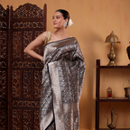 Detailed display of the opulent, heavy gold Zari woven pallu featured on the Indigo Majesty Katan silk saree