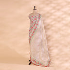 Full length display of the Ivory Elegance unstitched dress material, showcasing the draped Katan silk dupatta and premium plain bottom fabric.
