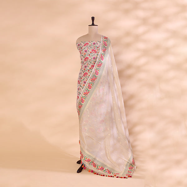 Full length display of the Ivory Elegance unstitched dress material, showcasing the draped Katan silk dupatta and premium plain bottom fabric.