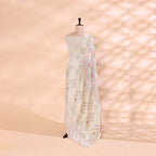 Full length display of the unstitched Ivory Grace georgette silk luxury suit set and draped multicolored harmony dupatta.
