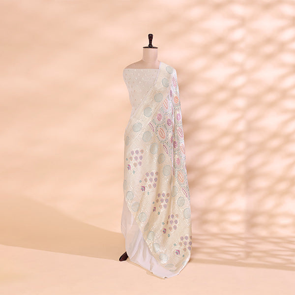Full length display of the unstitched Ivory Grace georgette silk luxury suit set and draped multicolored harmony dupatta.