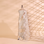 A mannequin displaying an elegant sheer ivory-toned Banarasi silk saree, featuring delicate gold thread embroidery and an ethereal, lightweight drape.