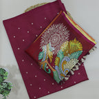 Close-up view of the multicolored digital Kalamkari print on premium organza silk fabric, showcasing intricate traditional Indian motifs and fine gold zari border details.