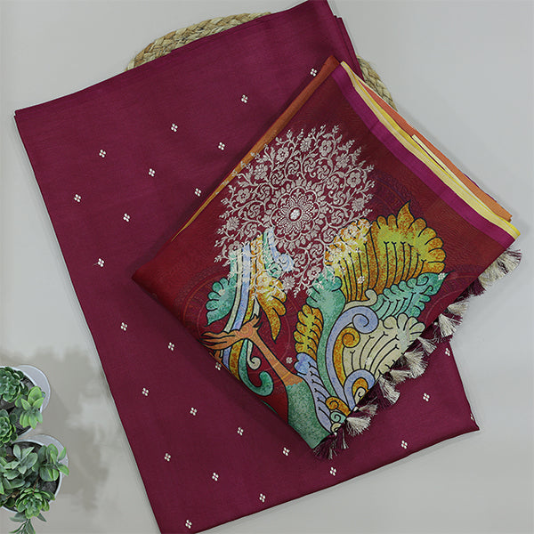 Close-up view of the multicolored digital Kalamkari print on premium organza silk fabric, showcasing intricate traditional Indian motifs and fine gold zari border details.