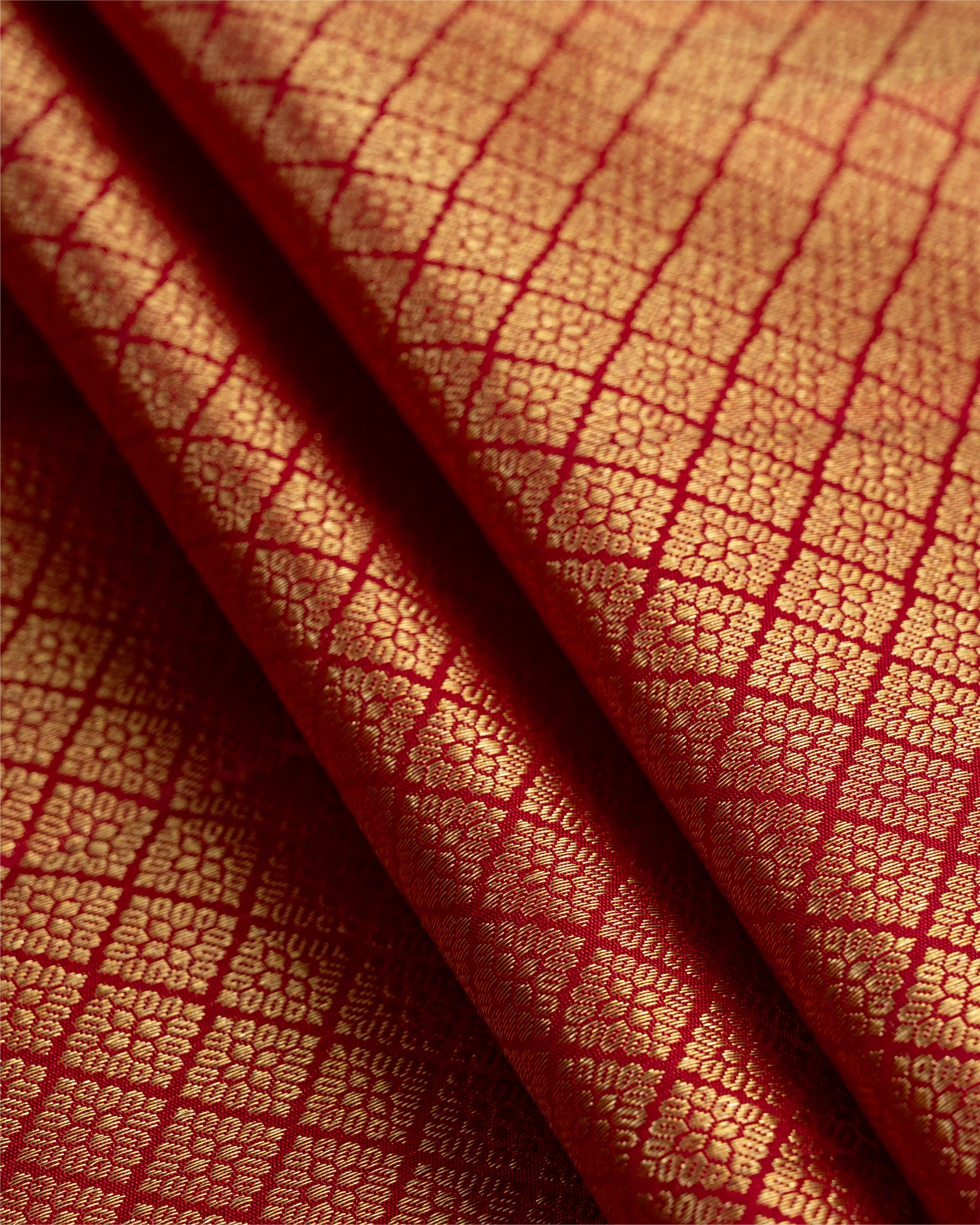 Stylized shot of the Kanjivaram silk saree, ideal for bridal or festive occasions.