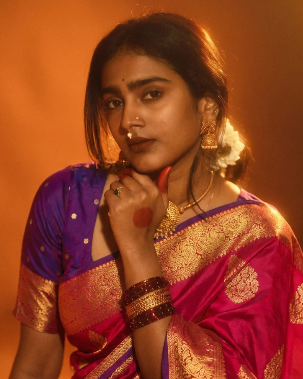 Full-length view of the handwoven Kanjivaram silk saree showcasing the contrast border and drape