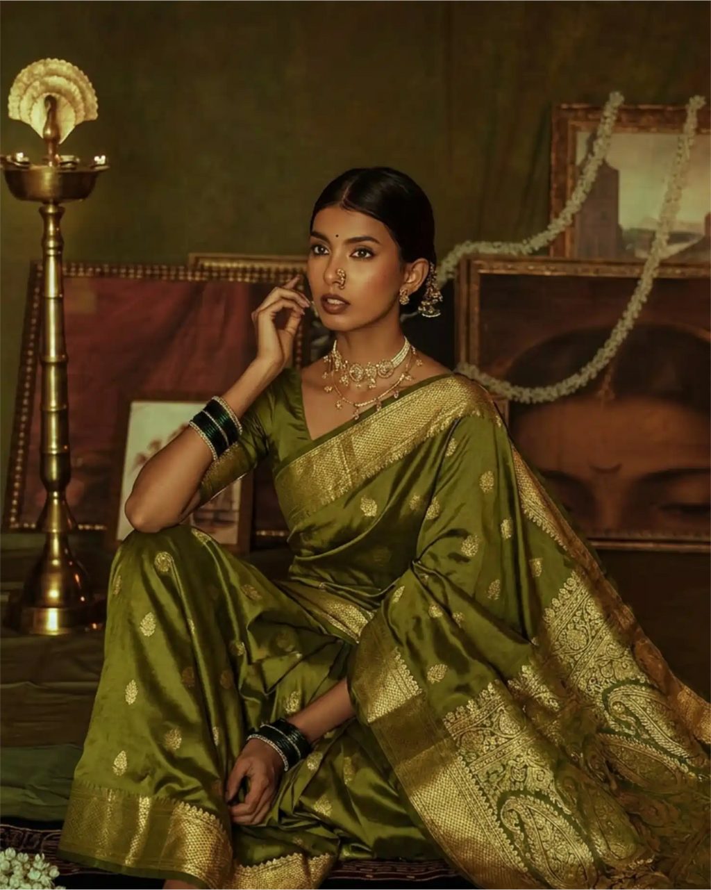 Close-up of the authentic handcrafted gold zari border on an olive green Kanjivaram silk saree.
