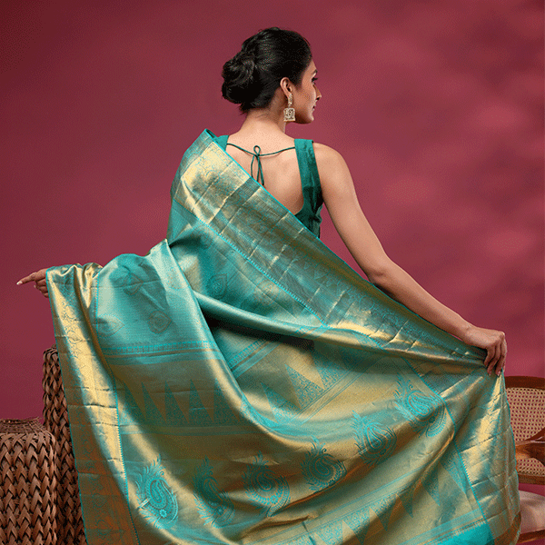 Close-up of the 1-meter unstitched blouse fabric featuring a premium handwoven self Jaal pattern and gold zari border.