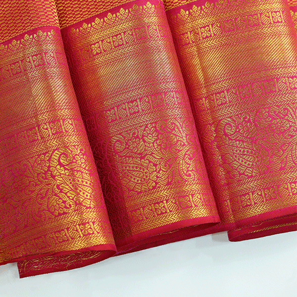 Close-up view of the unstitched unstitched 1-meter handwoven self jaal blouse fabric with a rich golden zari border.