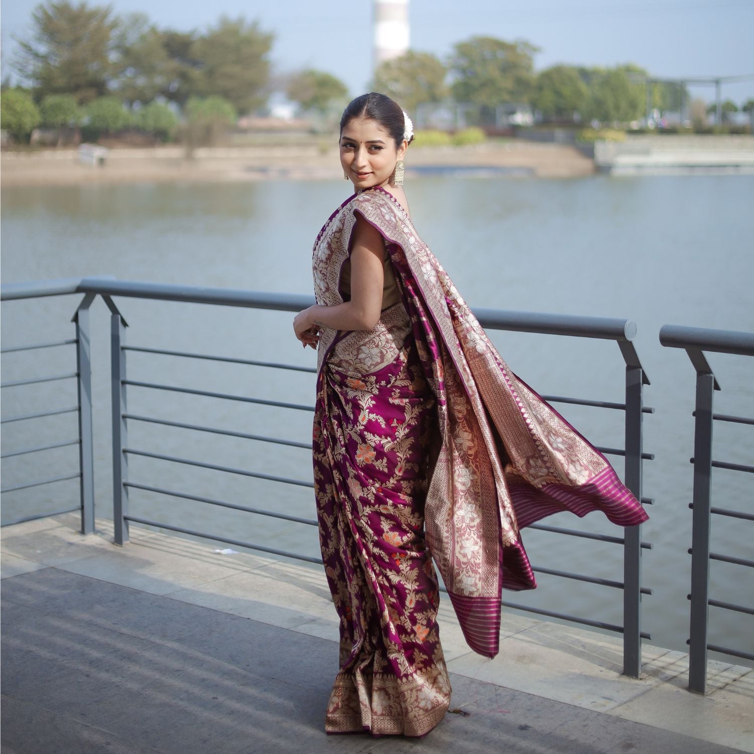 Katan silk saree with detailed weaving pattern and traditional style