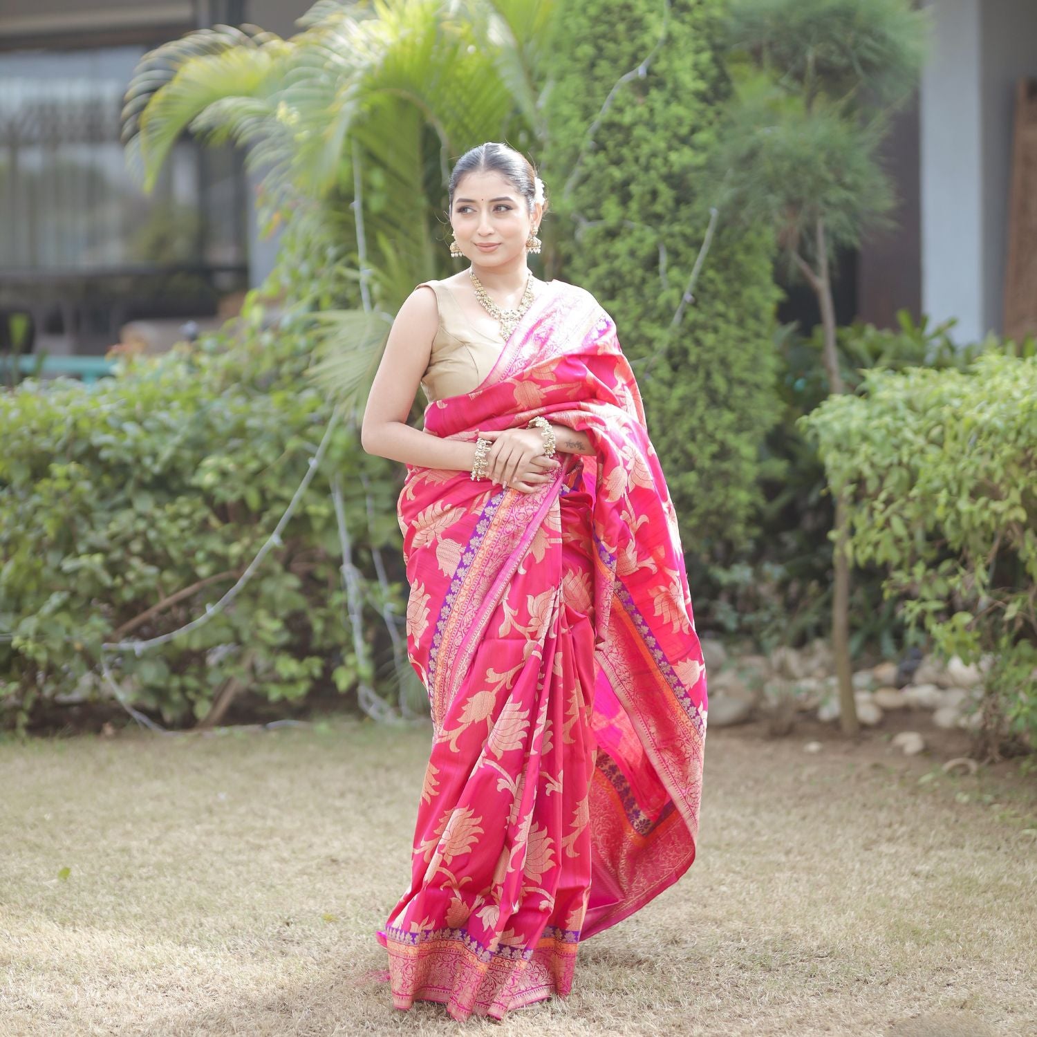 Handwoven katan silk saree with detailed jaal pattern and premium fabric