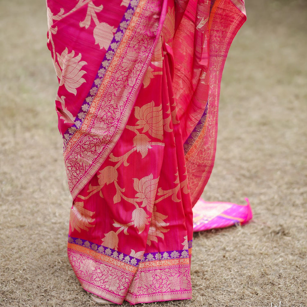 Traditional katan silk saree with fine jaal work for wedding and festive use