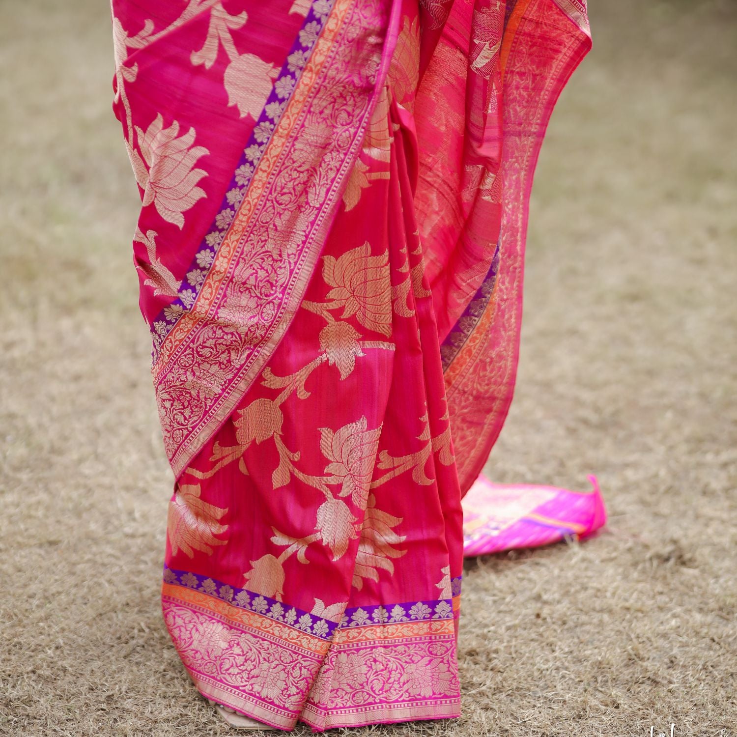Traditional katan silk saree with fine jaal work for wedding and festive use