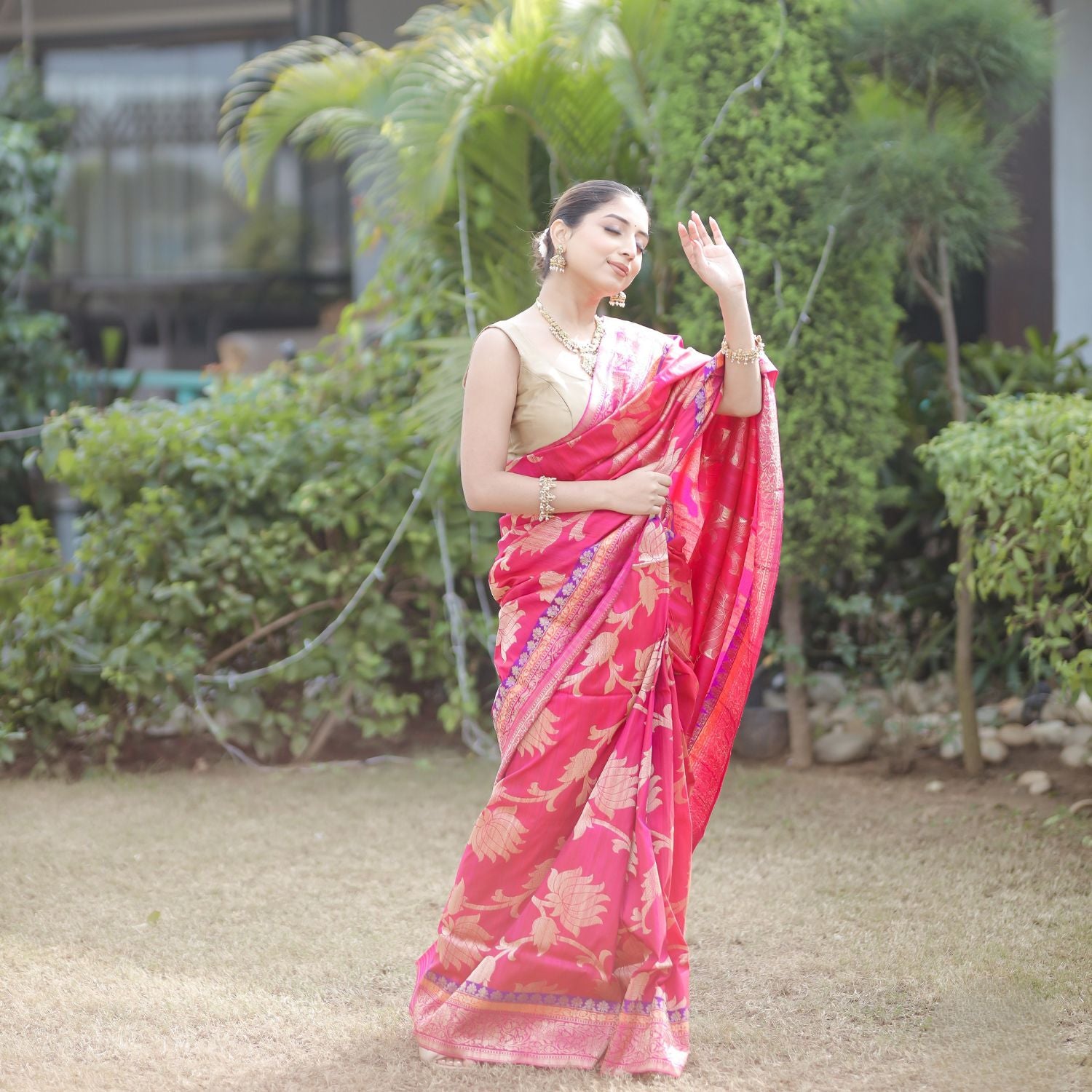 Katan silk saree with traditional jaal weaving and smooth katan silk fabric