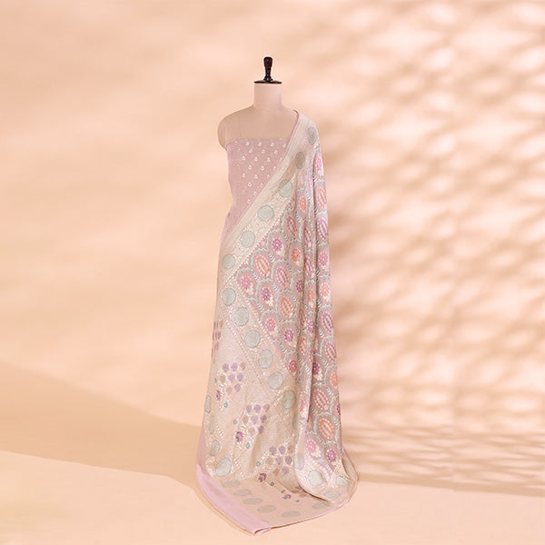 Distant view of the light pink pure georgette silk suit fabric showcasing its lightweight, premium texture, and graceful fabric flow.