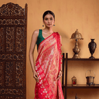 Unstitched one-meter cross-colour handwoven Paithani blouse fabric featuring a full Jaal pattern with a traditional Resham border.